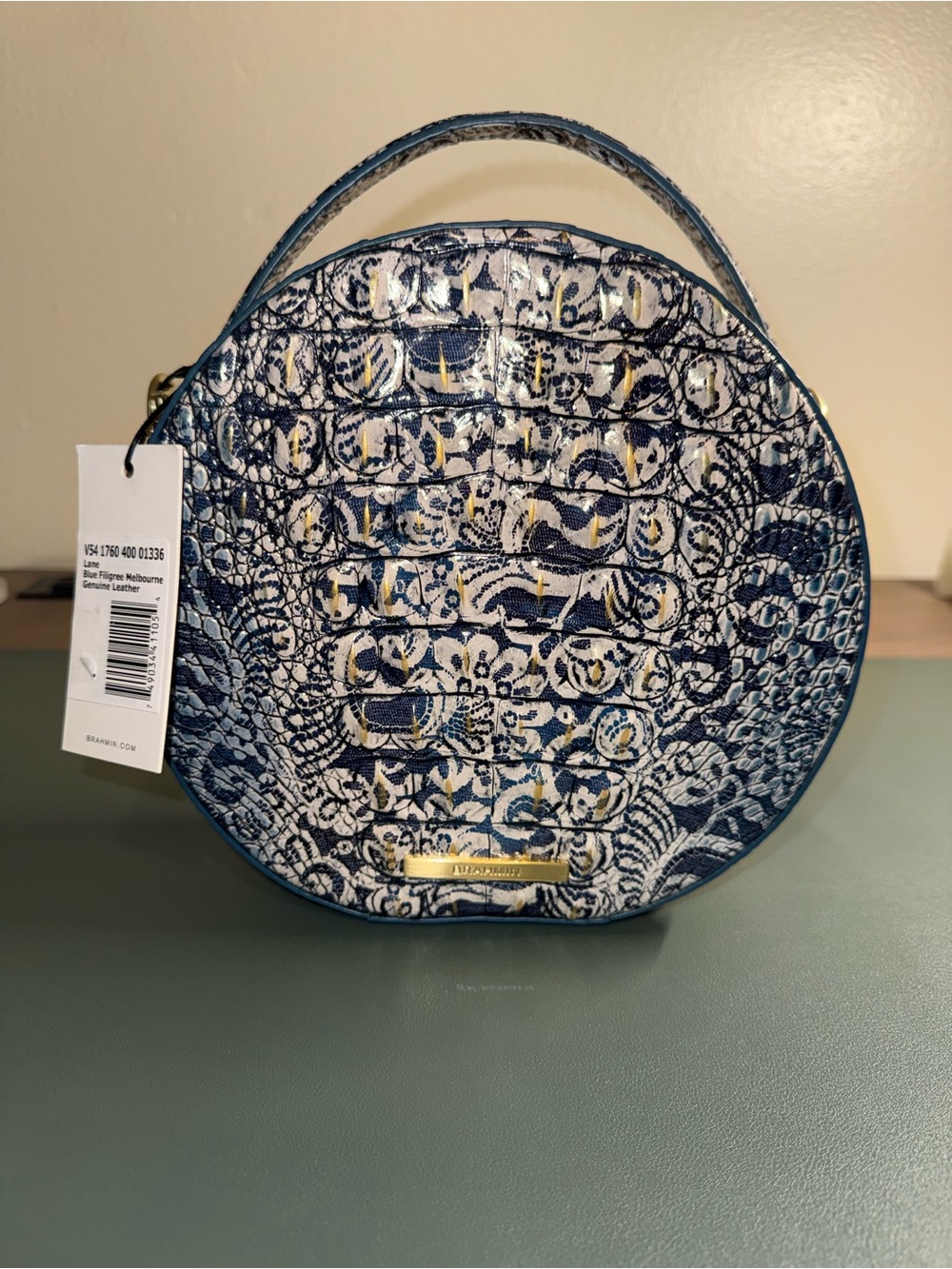 Round Blue Patterned Crossbody Bag - Leather